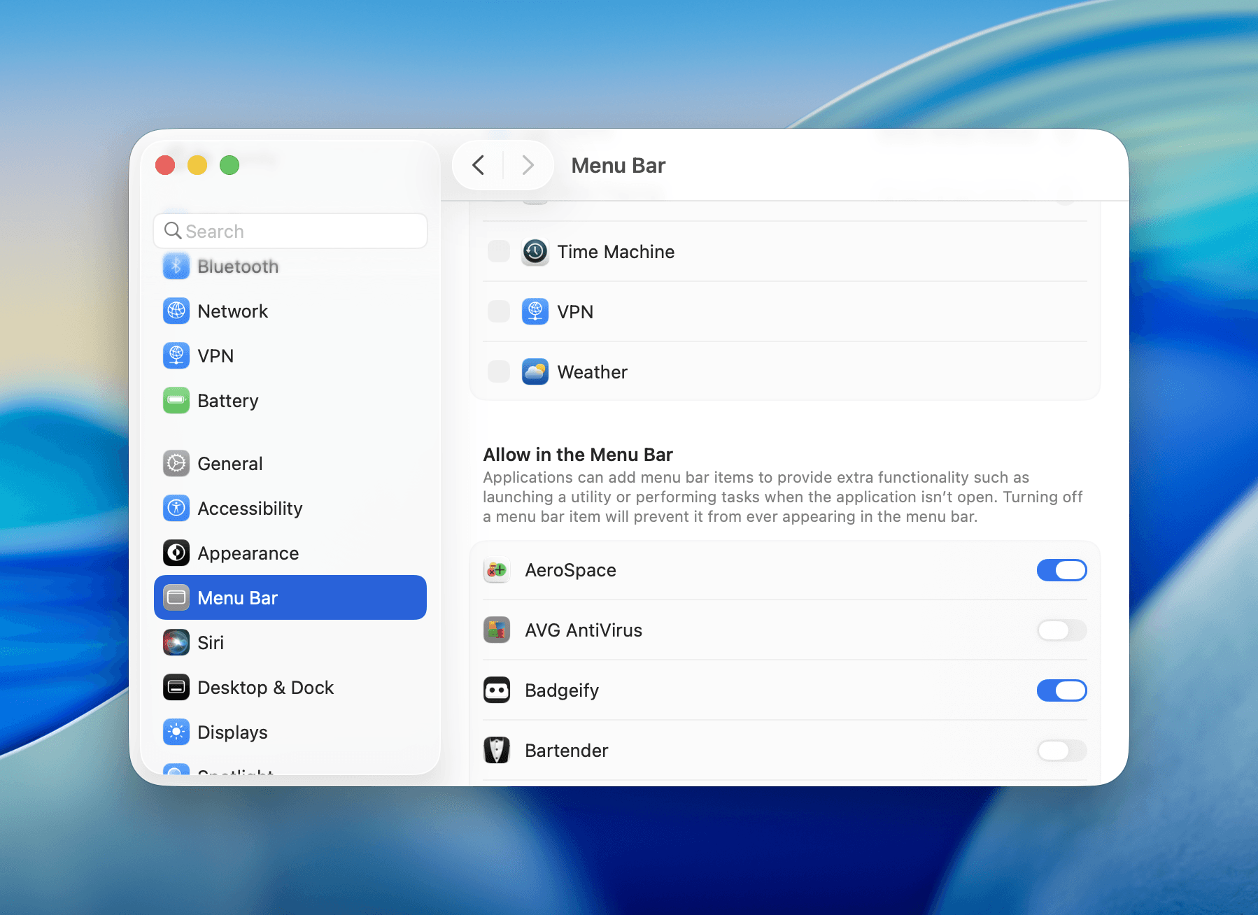 macOS Tahoe Menu Bar Settings