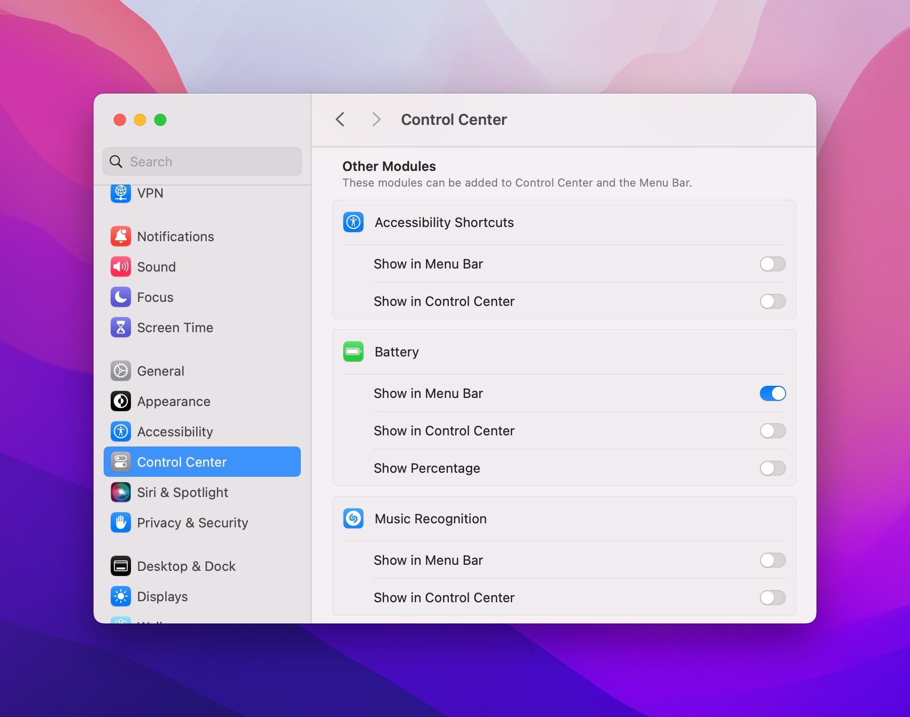 System Settings -> Control Center